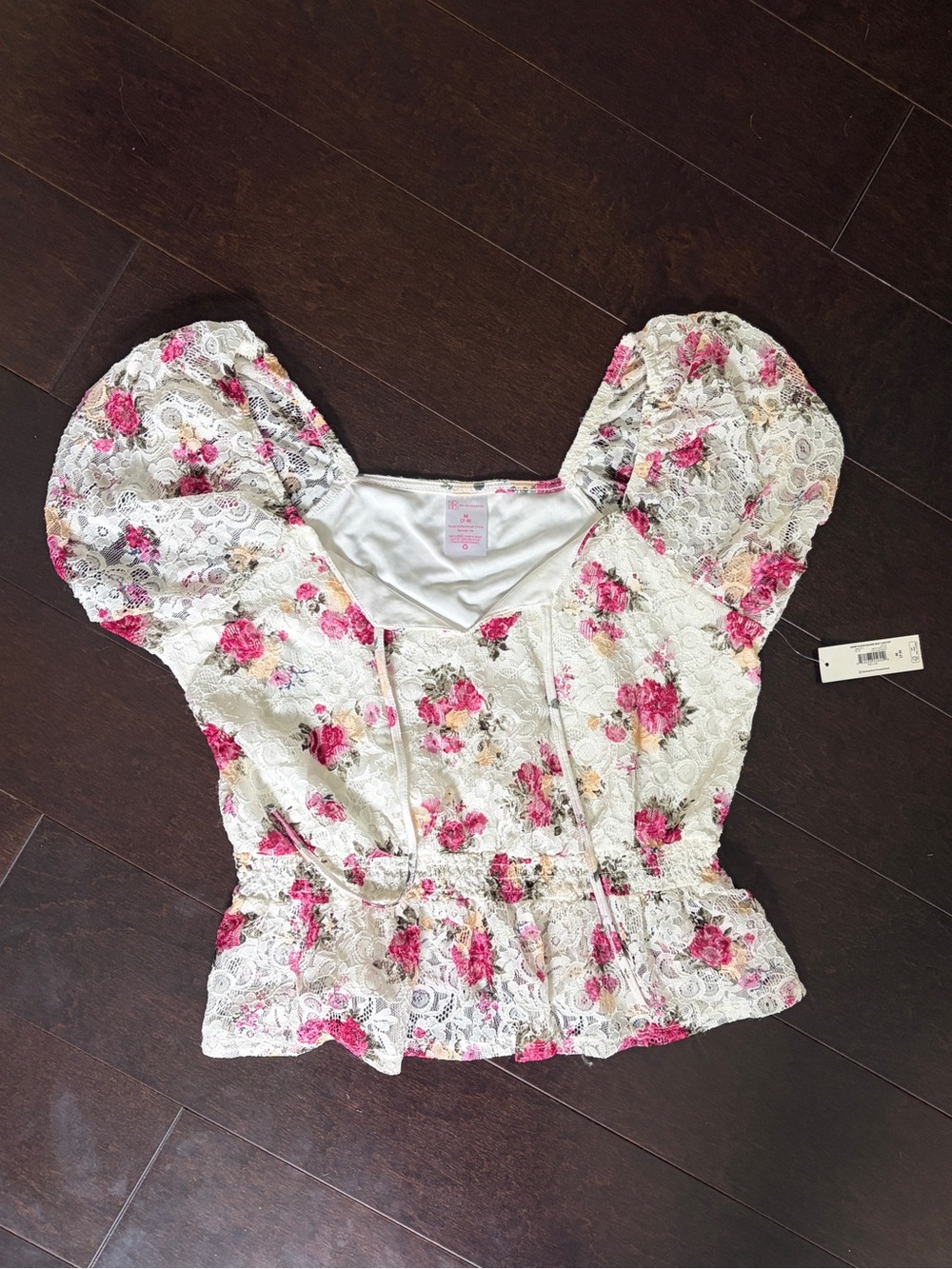 NOBO Pink Floral Lace Puff-Sleeve Peplum Top - White